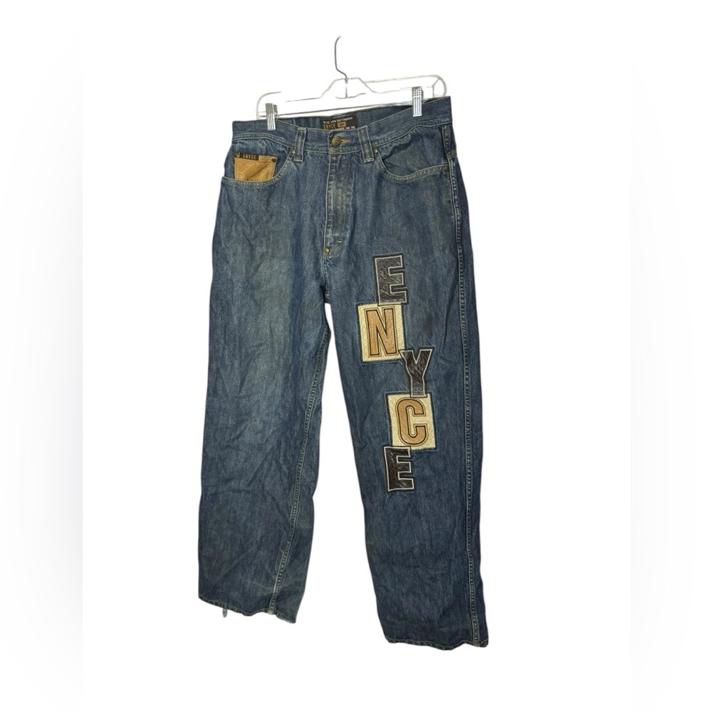 Vintage 1990s Enyce Leather Embroidered Denim Oversized Jeans 34 , distressed